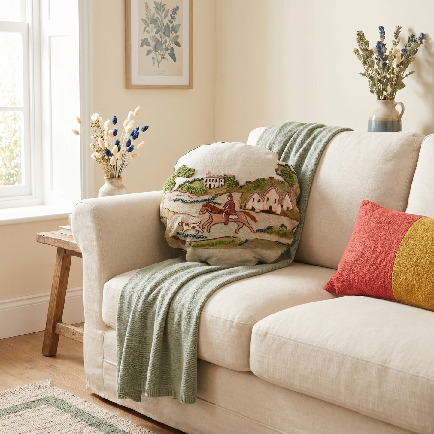 Cotton & Linen Pillow with Countryside Scene & Patterned Back ©