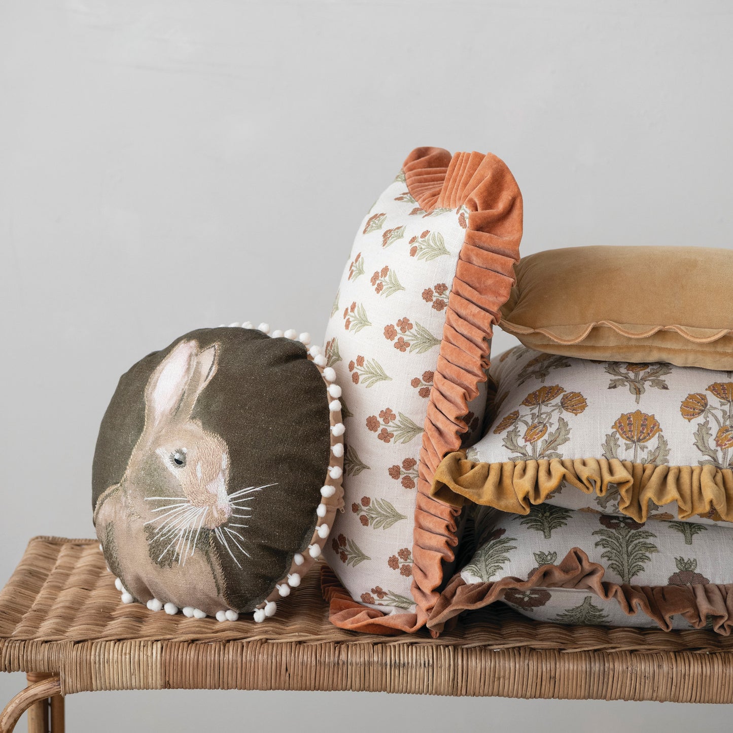 Round Woven Cotton Rabbit Accent Pillow