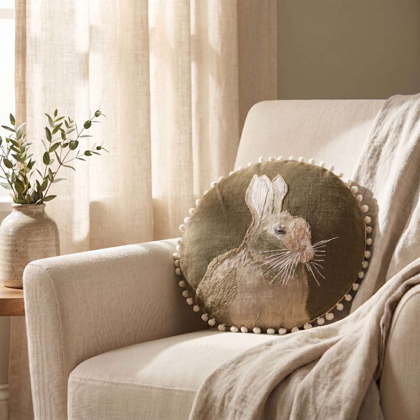 Round Woven Cotton Rabbit Accent Pillow