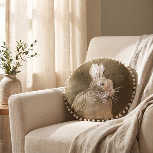 Round Woven Cotton Rabbit Accent Pillow