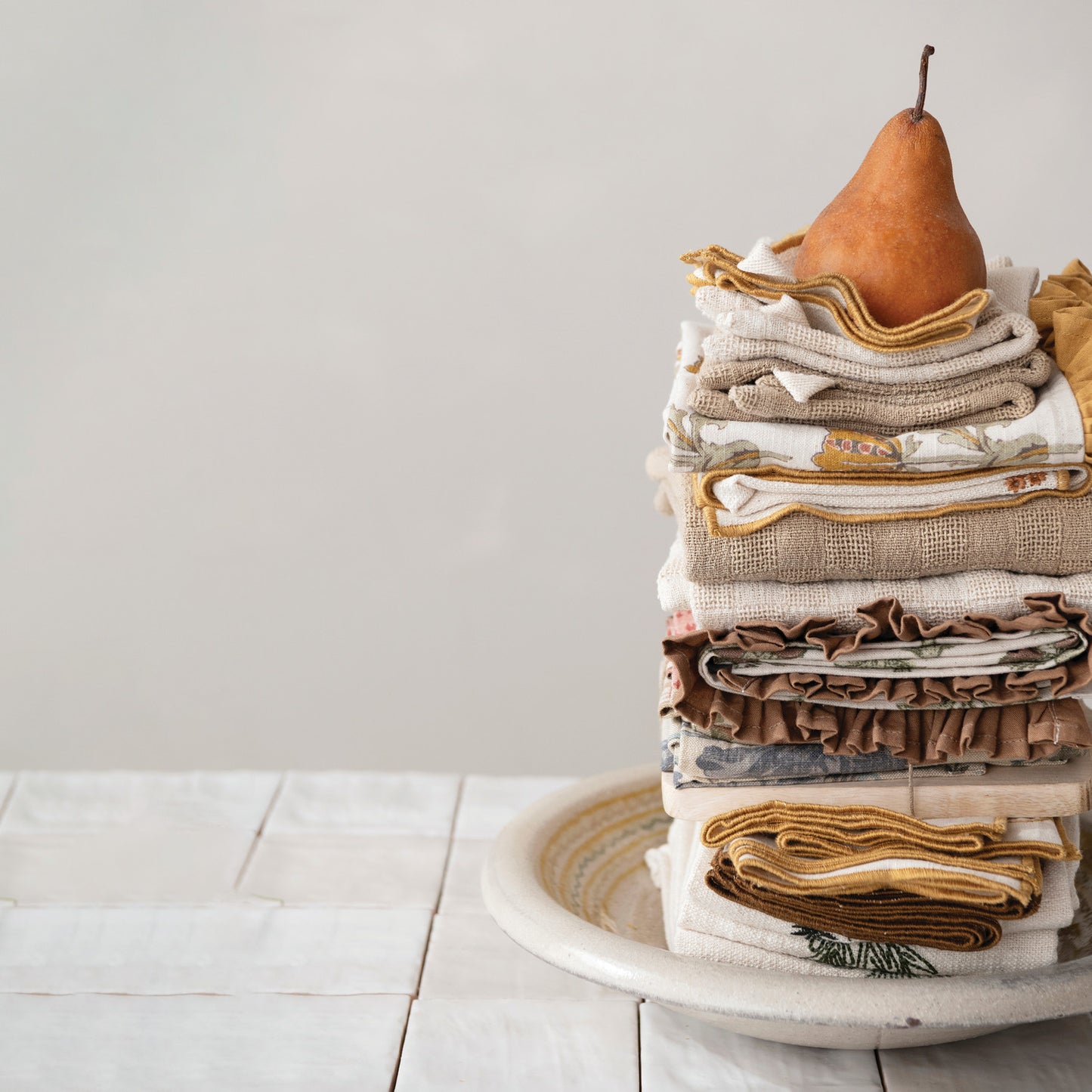 Botanical Cotton Tea Towel with Velvet Ruffle, 2 Styles