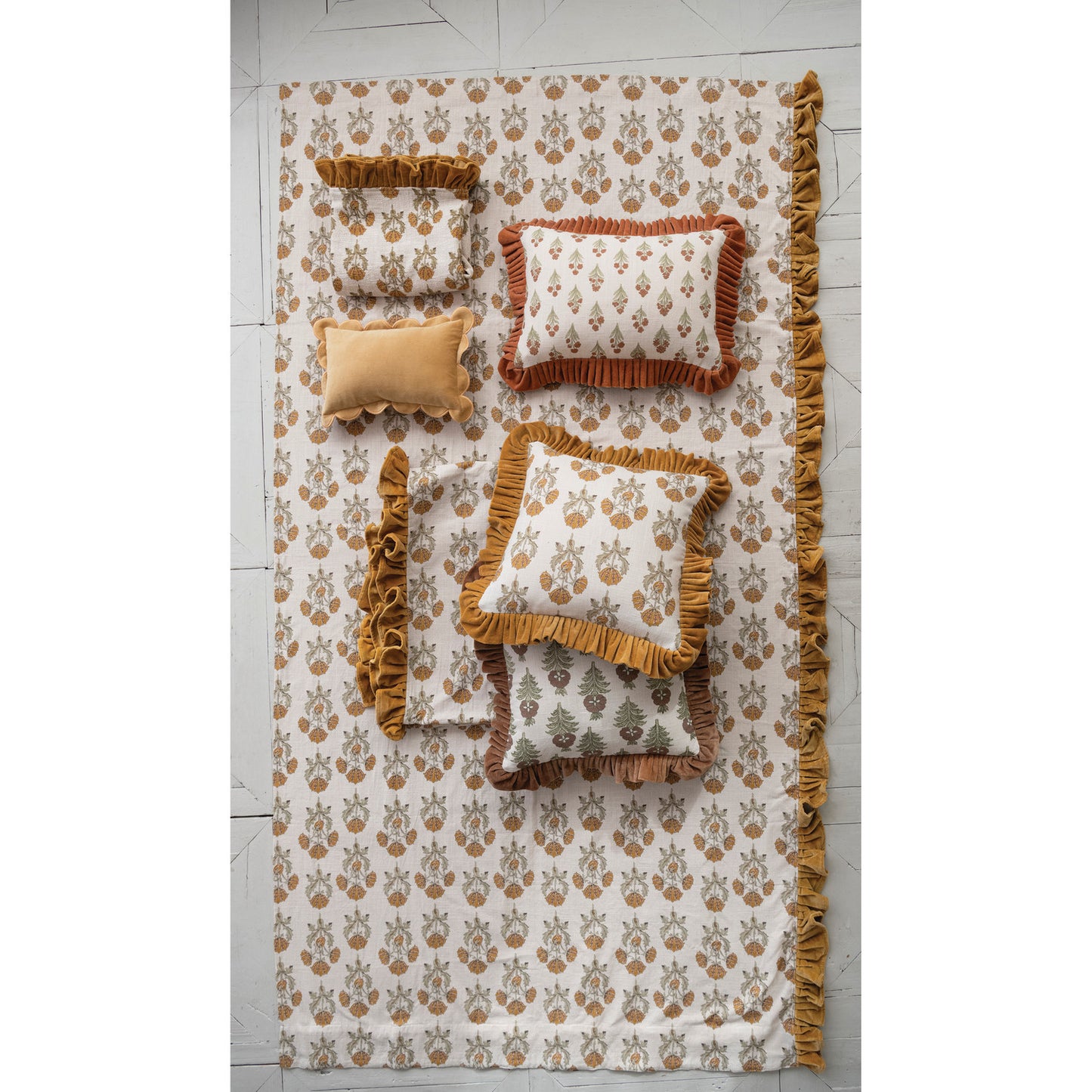 Square Cotton Slub Printed Pillow with Velvet Ruffle
