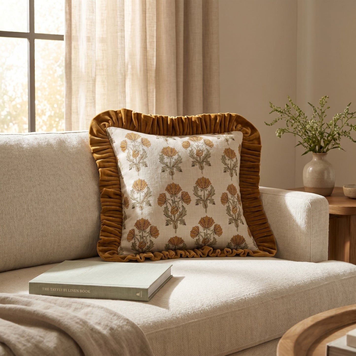 Square Cotton Slub Printed Pillow with Velvet Ruffle