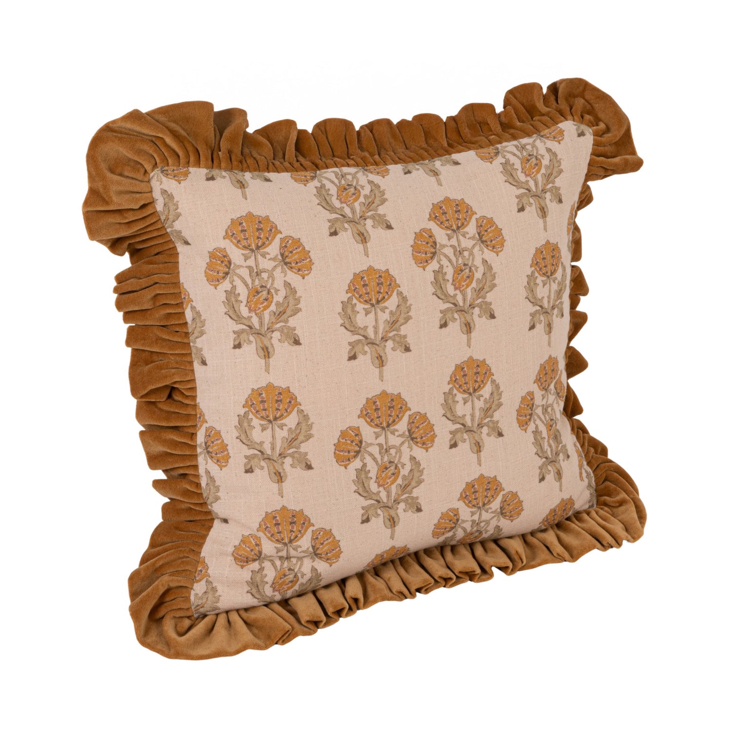Square Cotton Slub Printed Pillow with Velvet Ruffle