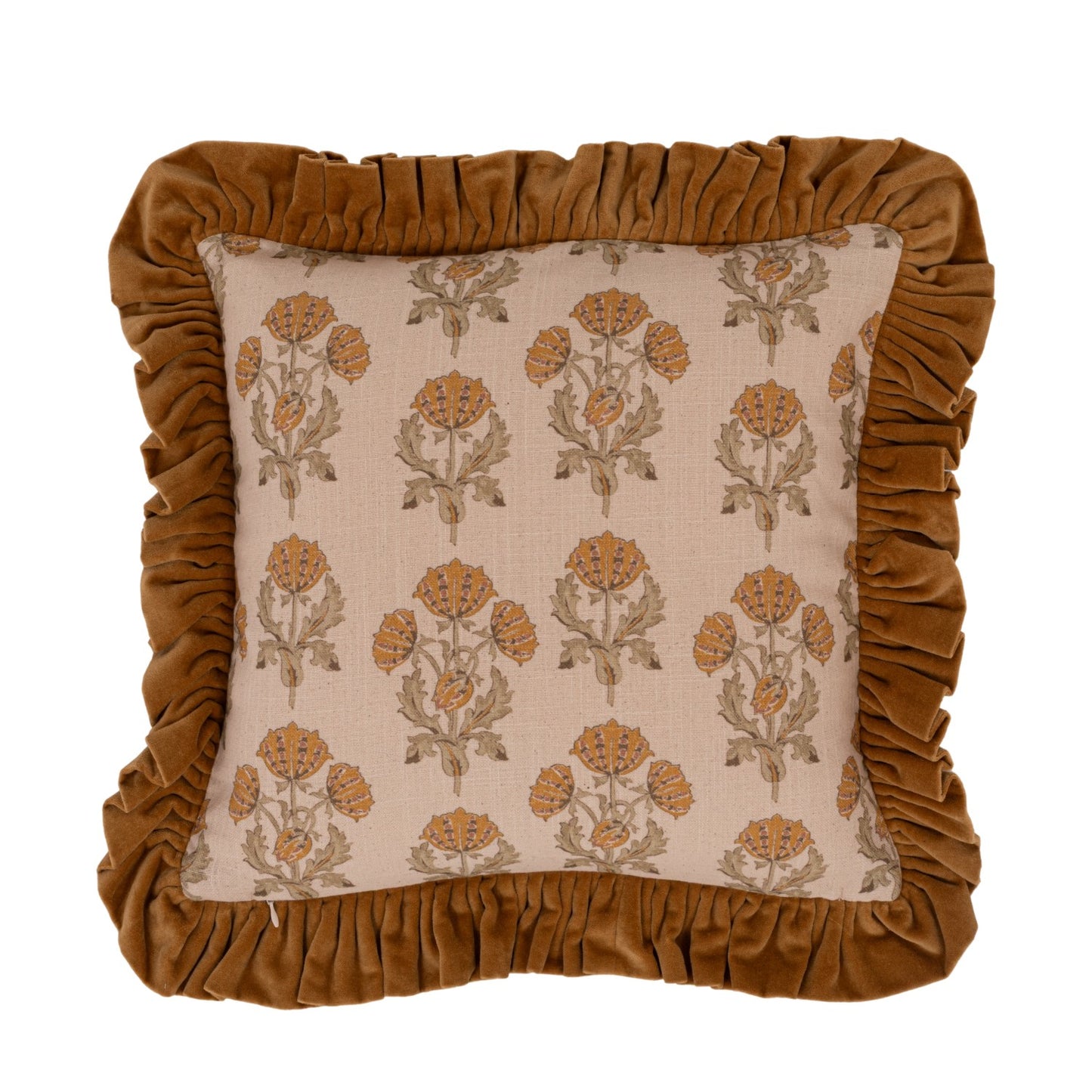 Square Cotton Slub Printed Pillow with Velvet Ruffle