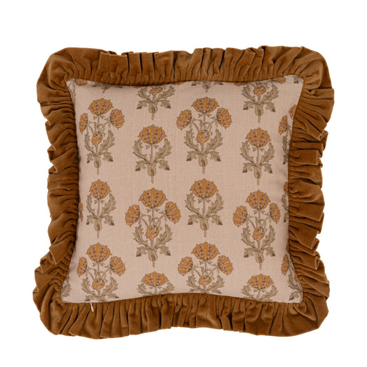 Square Cotton Slub Printed Pillow with Velvet Ruffle