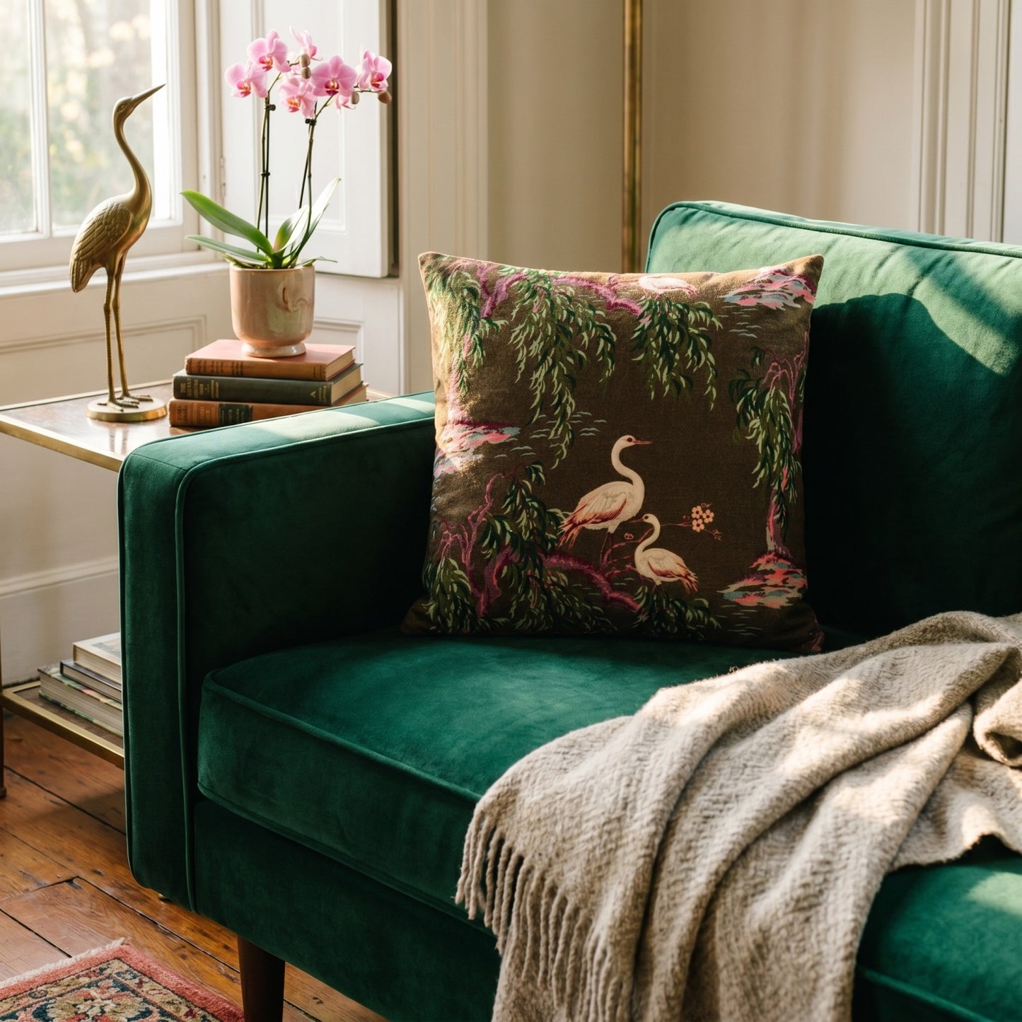 Velvet Chinoiserie Pillow with Chambray Back