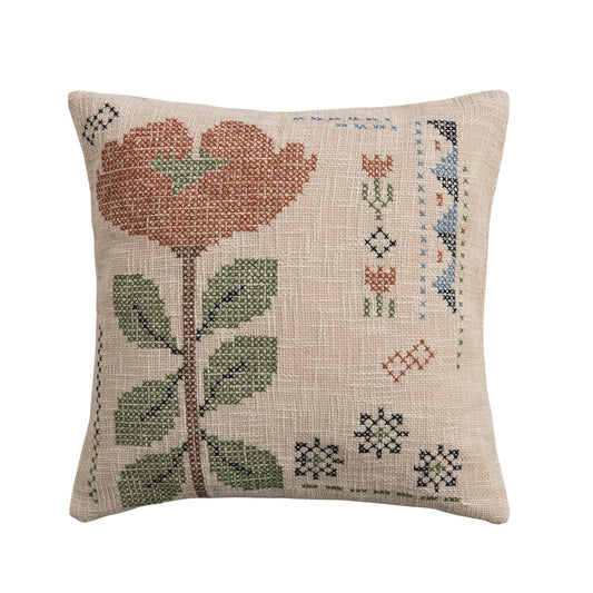 Embroidered Cotton Slub Floral Throw Pillow