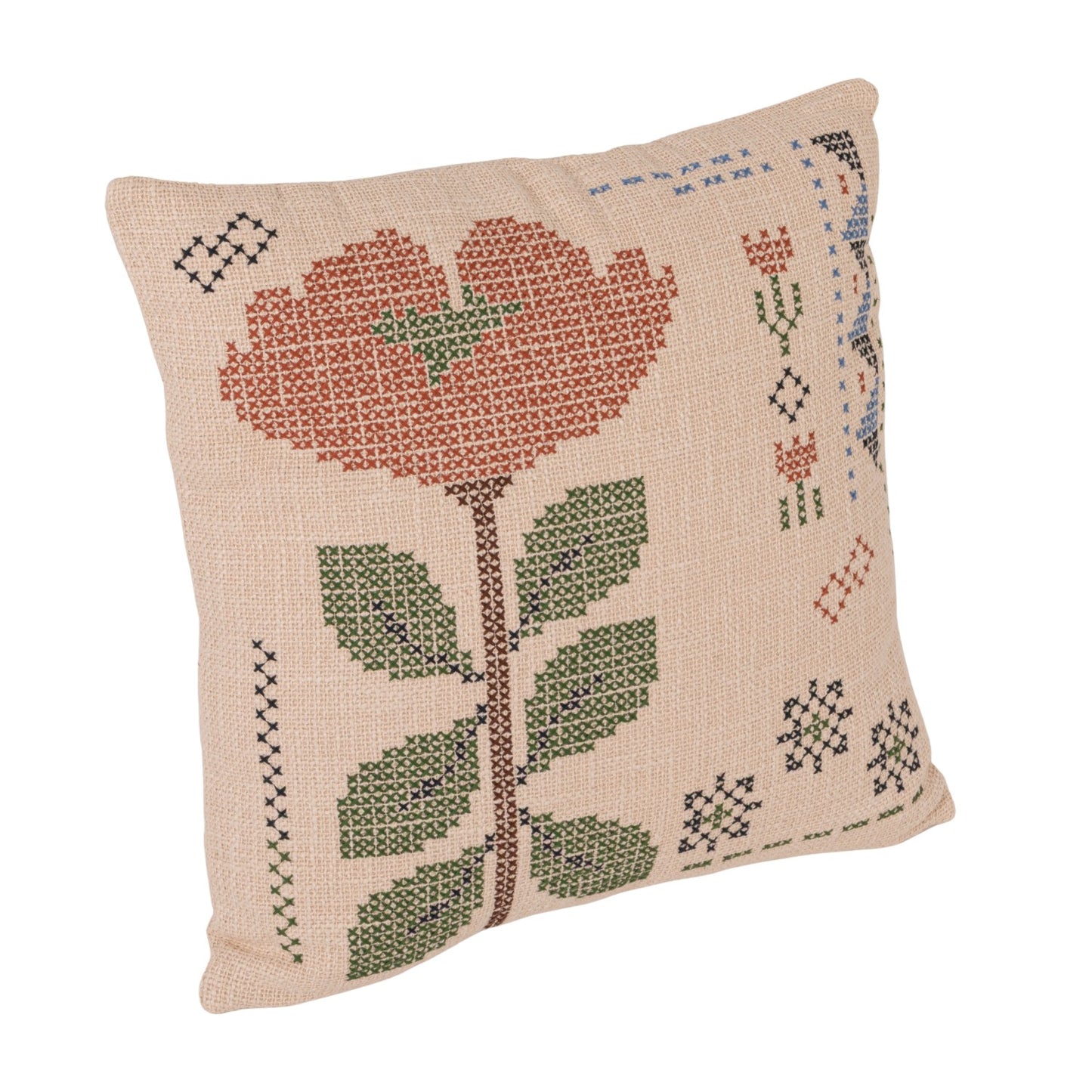 Embroidered Cotton Slub Floral Throw Pillow