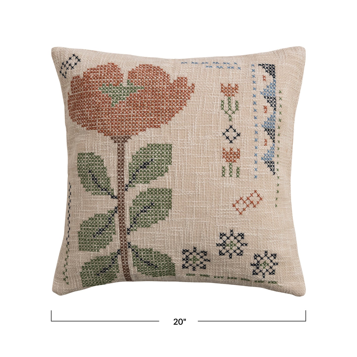Embroidered Cotton Slub Floral Throw Pillow