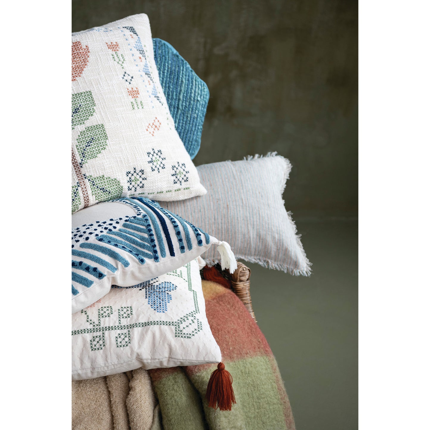 Embroidered Cotton Slub Floral Throw Pillow