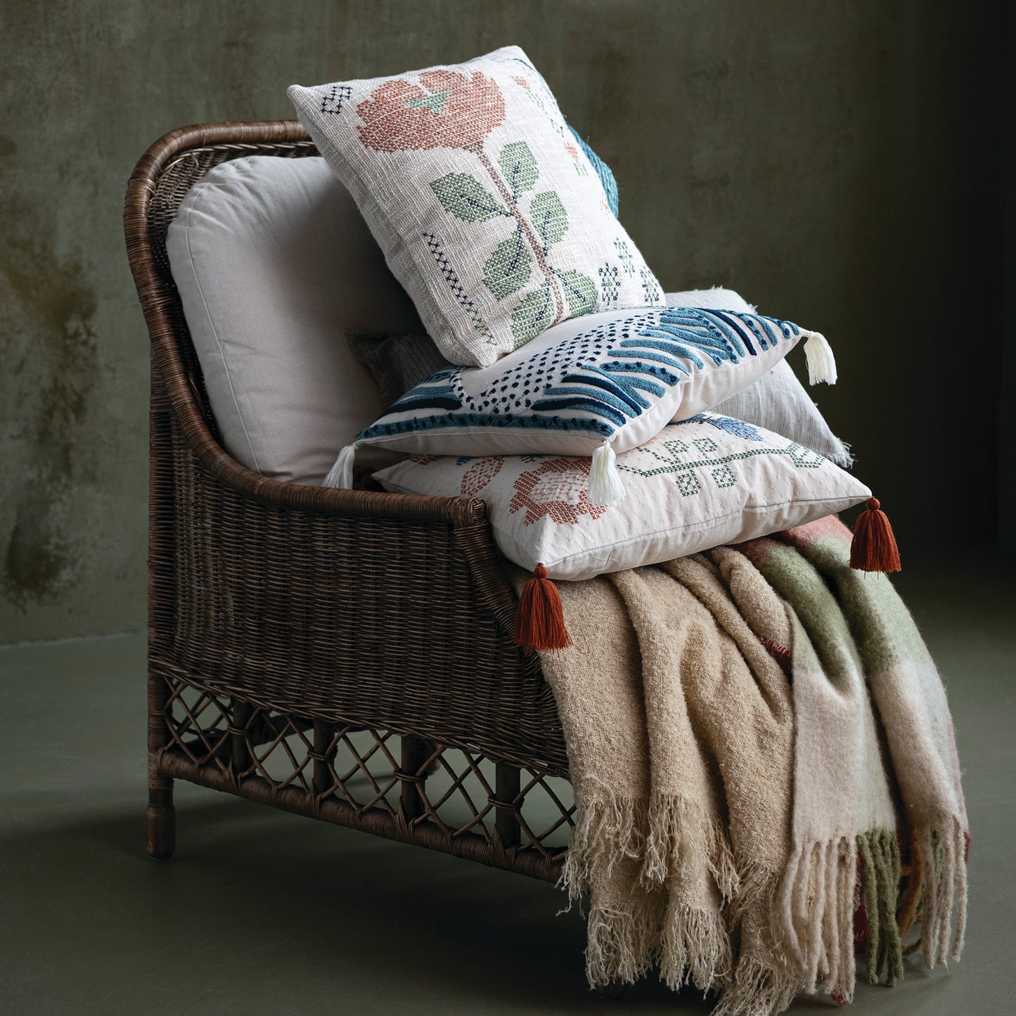 Embroidered Cotton Slub Floral Throw Pillow