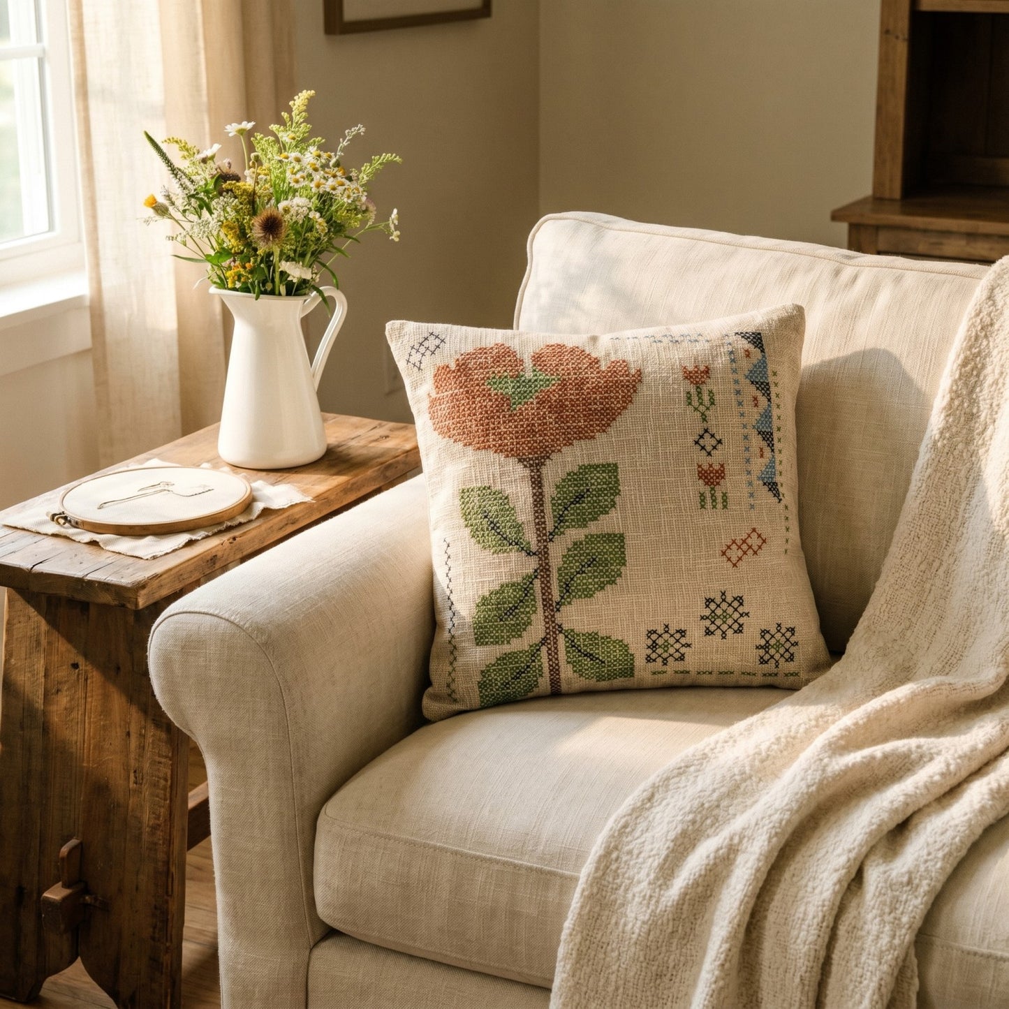 Embroidered Cotton Slub Floral Throw Pillow