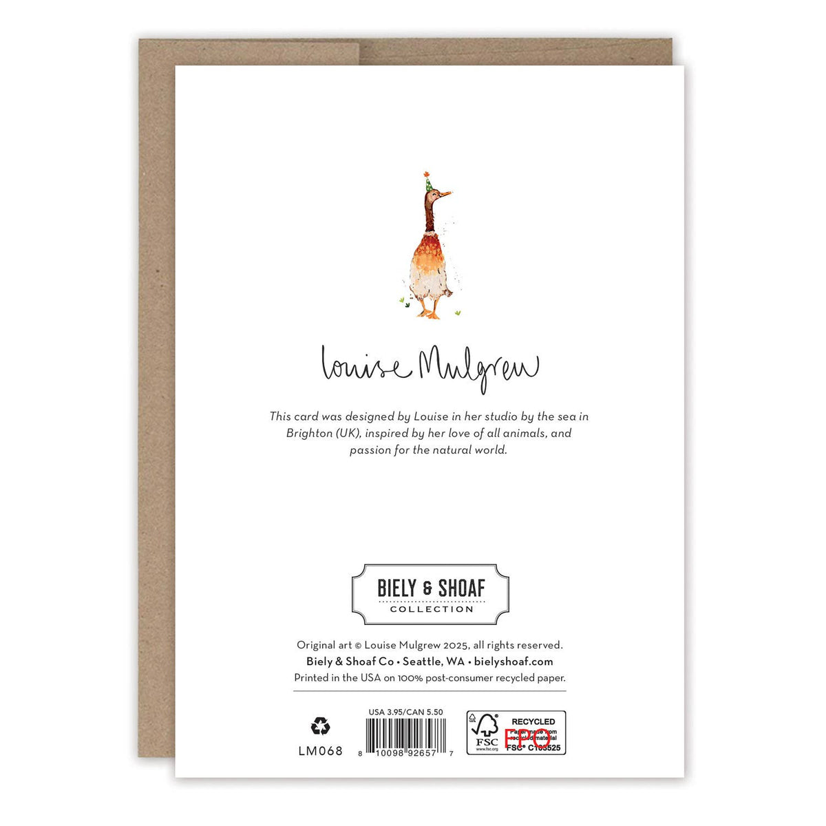 Greeting card back with illustration of a duck and text about the artist and brand