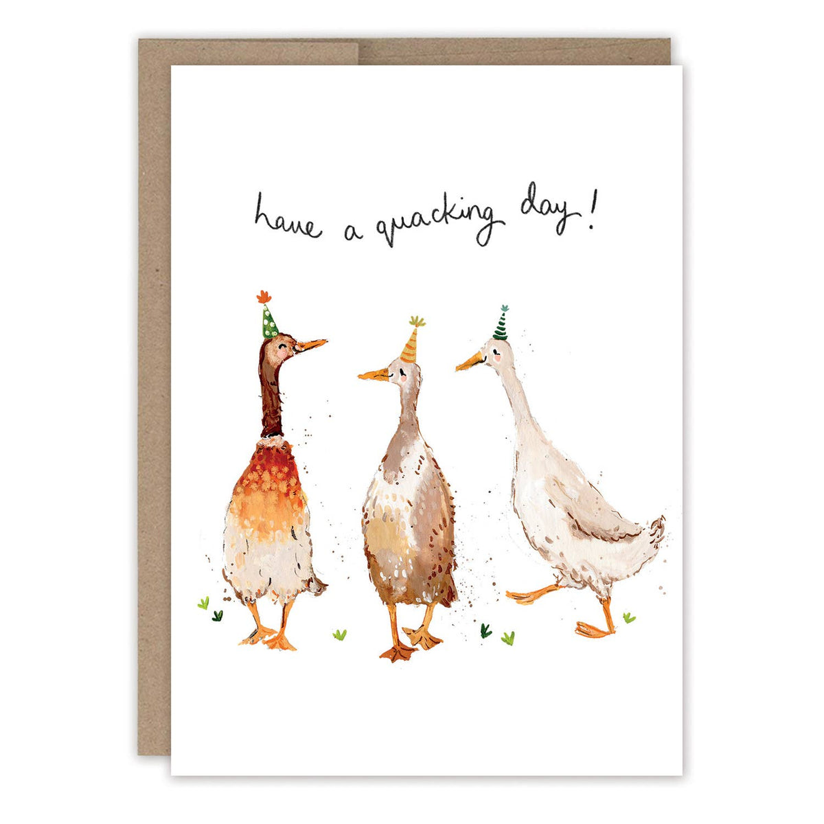 Greeting card with three ducks wearing party hats and text 'have a quacking day!' on a white background.