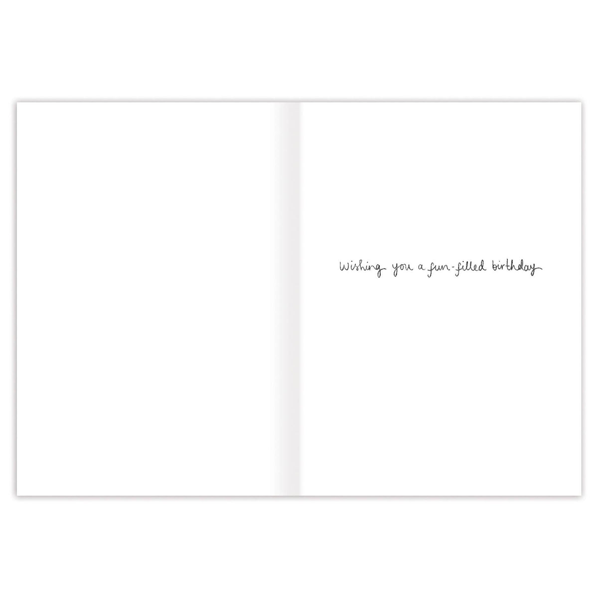 White card with black text 'wishing you a fun filled birthday' on a white background