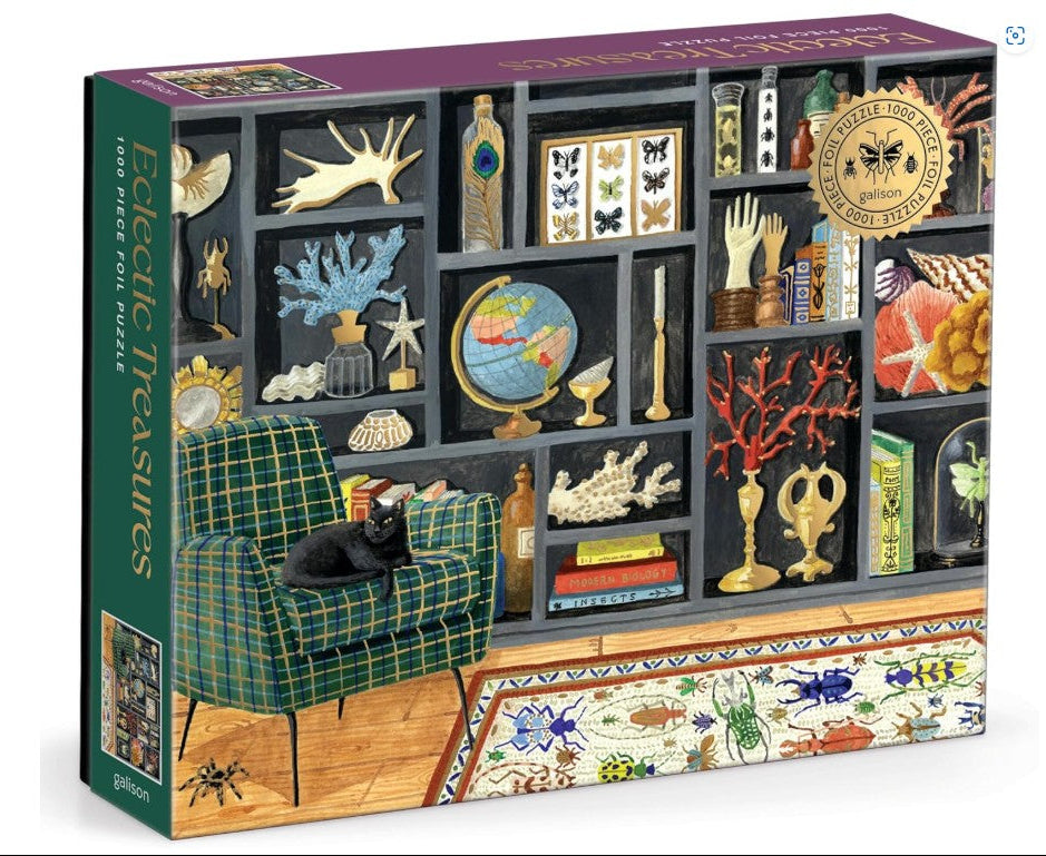 Jigsaw puzzle box with a decorative design of a room filled with curiosities.