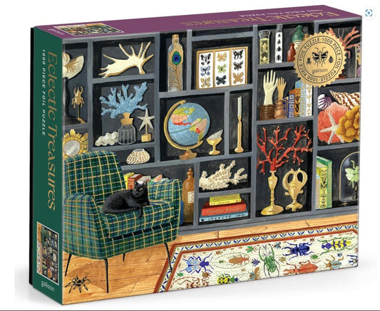 Jigsaw puzzle box with a decorative design of a room filled with curiosities.