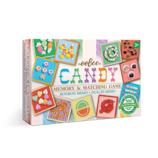 EeBoo Candy Matching game tiles spread out on a table, colorful candy illustrations, family playing together, creating sweet memories
