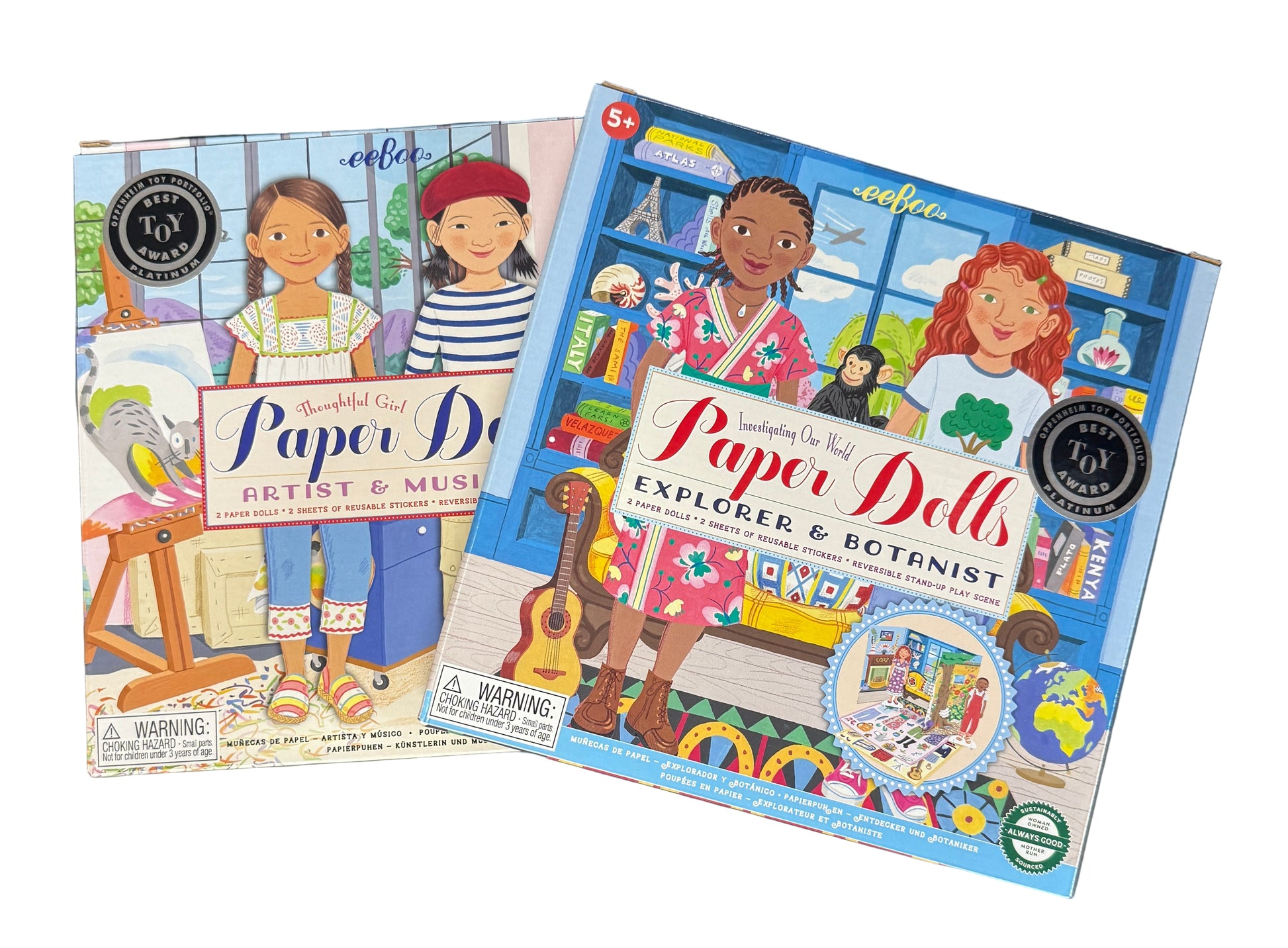 EeBoo Paper Doll Kit with two paper dolls, vinyl stickers, and a fold-out double-sided scene, available in Artist & Musician or Explorer & Botanist sets, illustrated by Lizzy Rockwell.