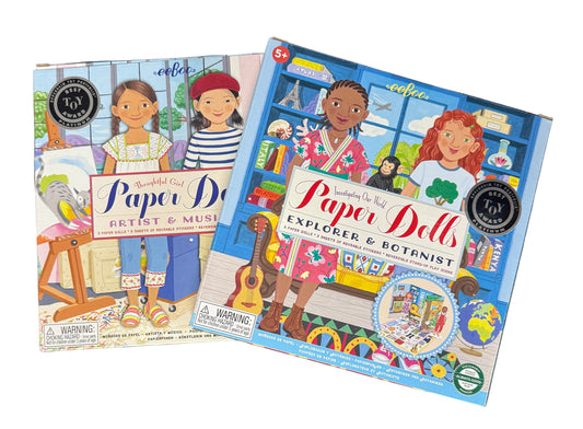 EeBoo Paper Doll Kit with two paper dolls, vinyl stickers, and a fold-out double-sided scene, available in Artist & Musician or Explorer & Botanist sets, illustrated by Lizzy Rockwell.