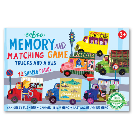 EeBoo Trucks and a Bus Memory and Matching Game with 24 shaped, illustrated pieces of trucks and a bus, designed for children ages 3+ to develop memory and concentration skills.