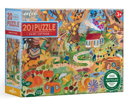 Eeboo Autumn Fairy Cottage Puzzle with 20 sturdy eco-friendly pieces, illustrated with woodland fairies, forest animals, and a cozy autumn cottage.