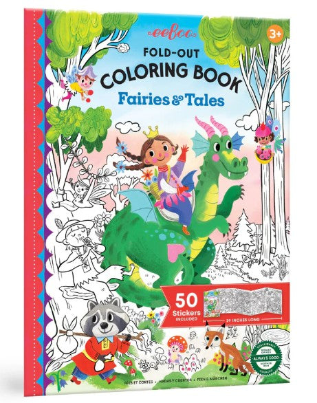 Eeboo Fold-Out Coloring Books in Dinosaurs, Fairies, and Under the Sea designs. Oversized mural with stickers for creative, eco-friendly play.