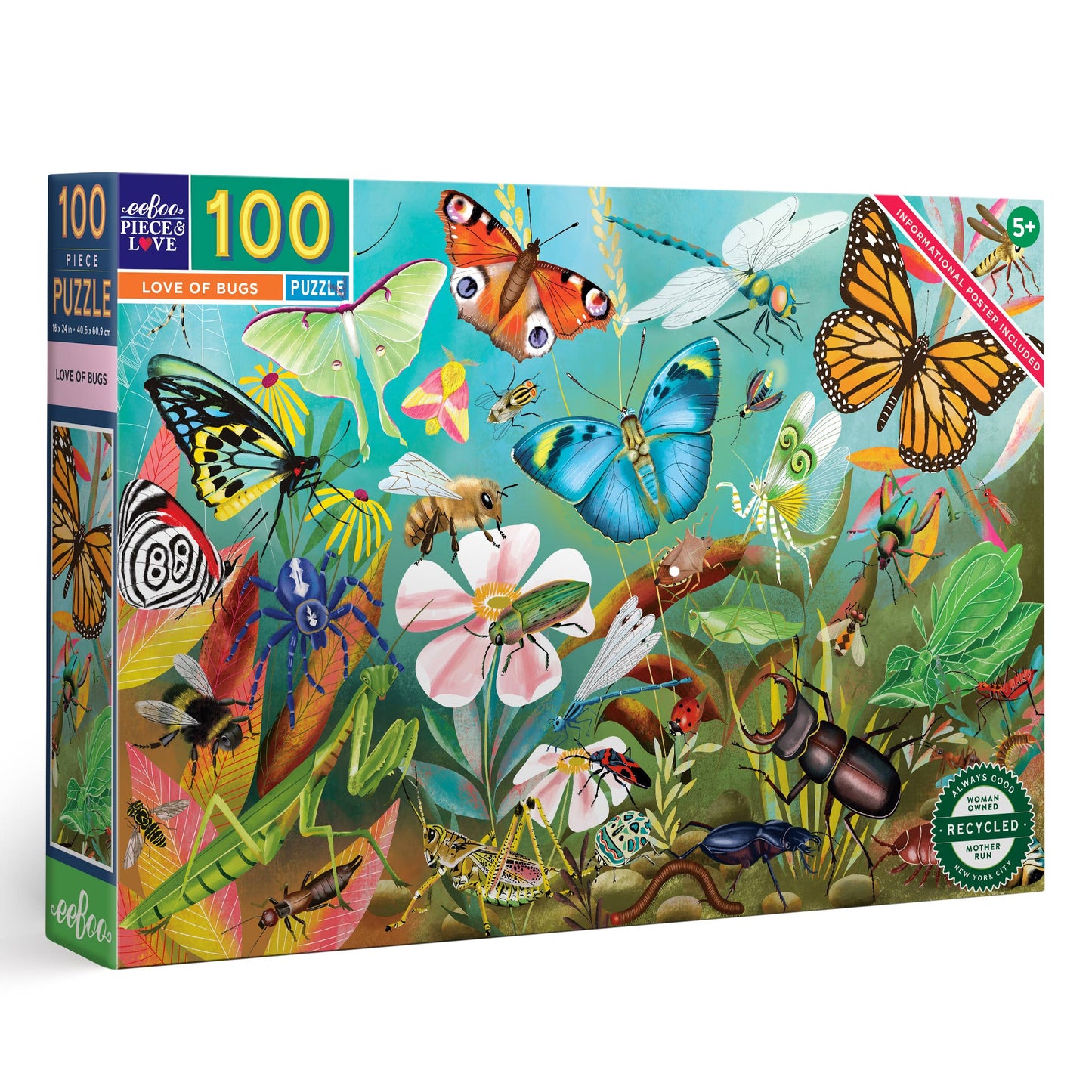 EeBoo Love of Bugs 100-piece puzzle with colorful insect illustrations and identification poster, eco-friendly educational puzzle for kids and families.