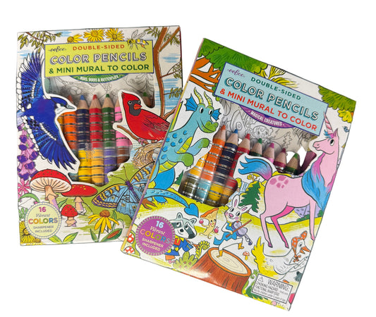 EeBoo Mini Mural Coloring Set with fold-out mural and 8 double-sided colored pencils, featuring birds, butterflies, magical creatures, and dinosaurs, perfect for kids’ creativity and family coloring time