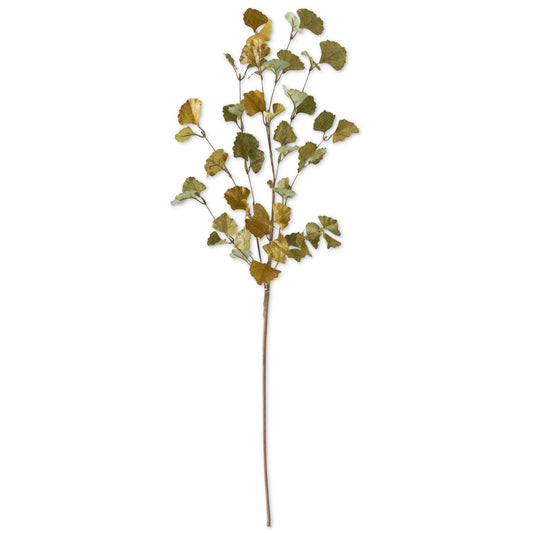 36-inch artificial Ginkgo Leaf Stem with green and gold fan-shaped leaves, capturing the golden glow of autumn light. Perfect for whimsical floral arrangements and seasonal décor.