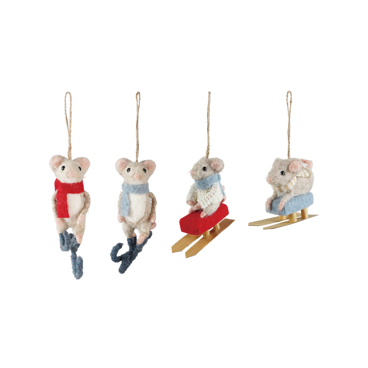 Set of four mouse-shaped Christmas ornaments on a white background