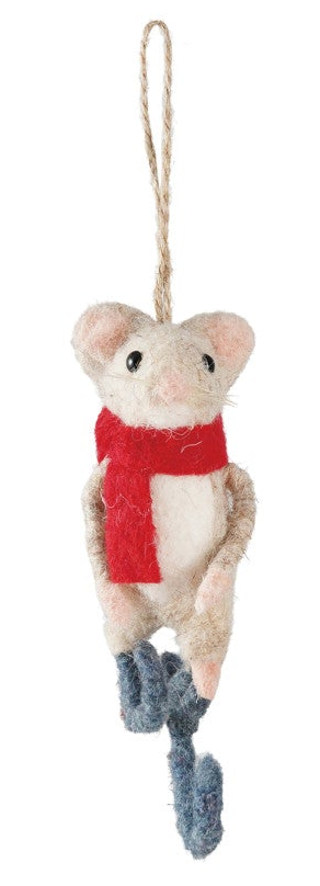 A felted wool mouse hanging ornament with a red scarf and blue-gray feet, suspended by a natural jute loop against a white background.