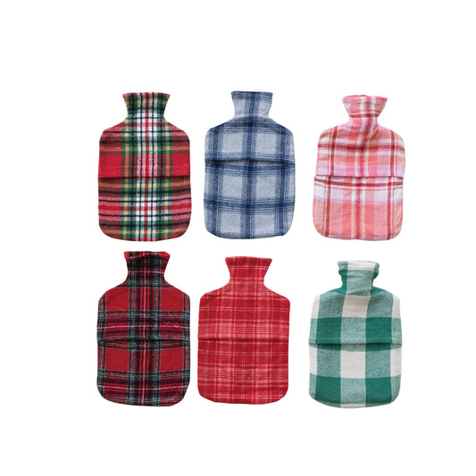 36 oz. Silicone Water Bottle with Flannel Cover, 6 Styles Silicone hot water bottle with removable plaid flannel cover, available in six patterns, cozy and washable for warmth and gift-giving.
