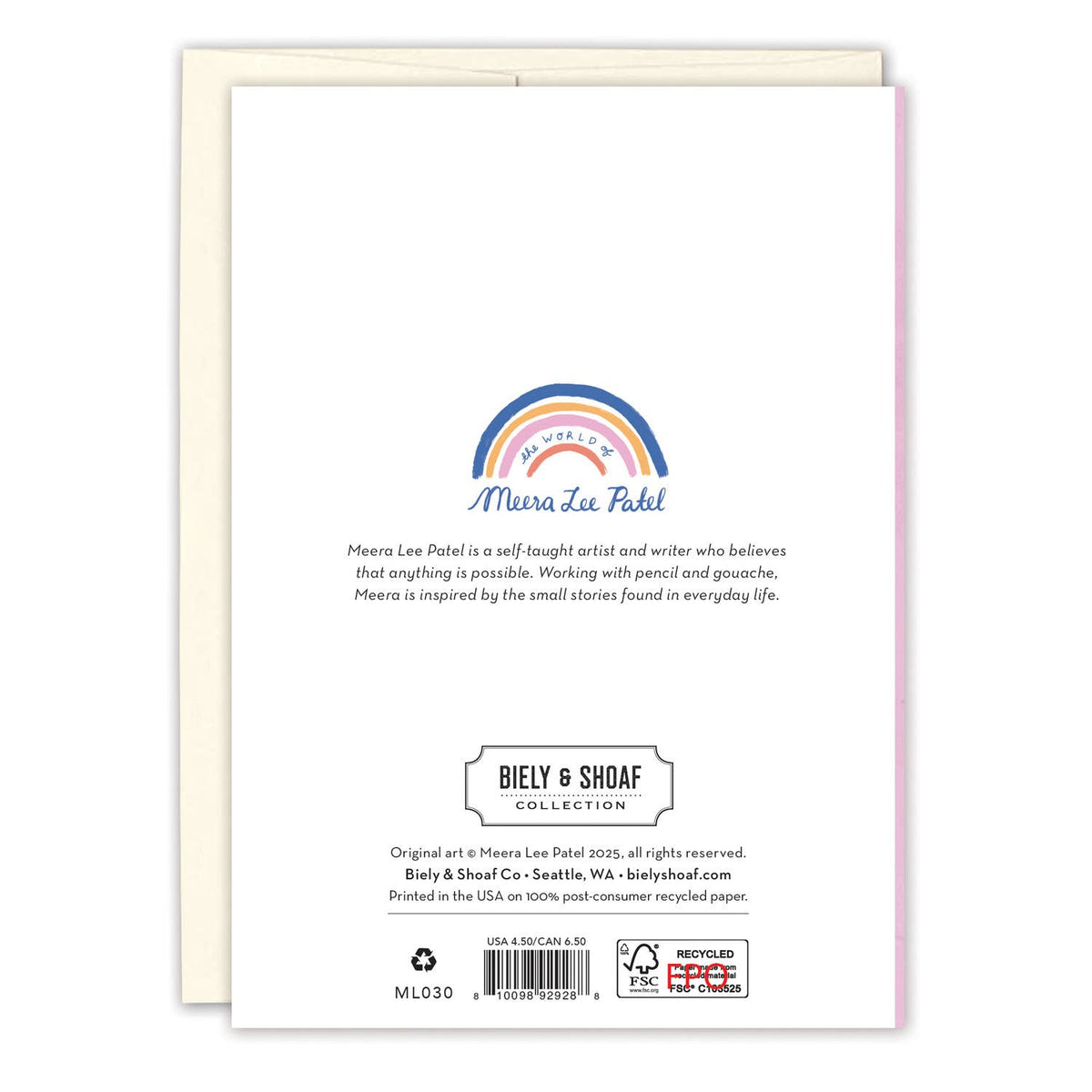 Back of a greeting card with a rainbow design and text about Mira Lee Patel and Bily & Shoaf Co.