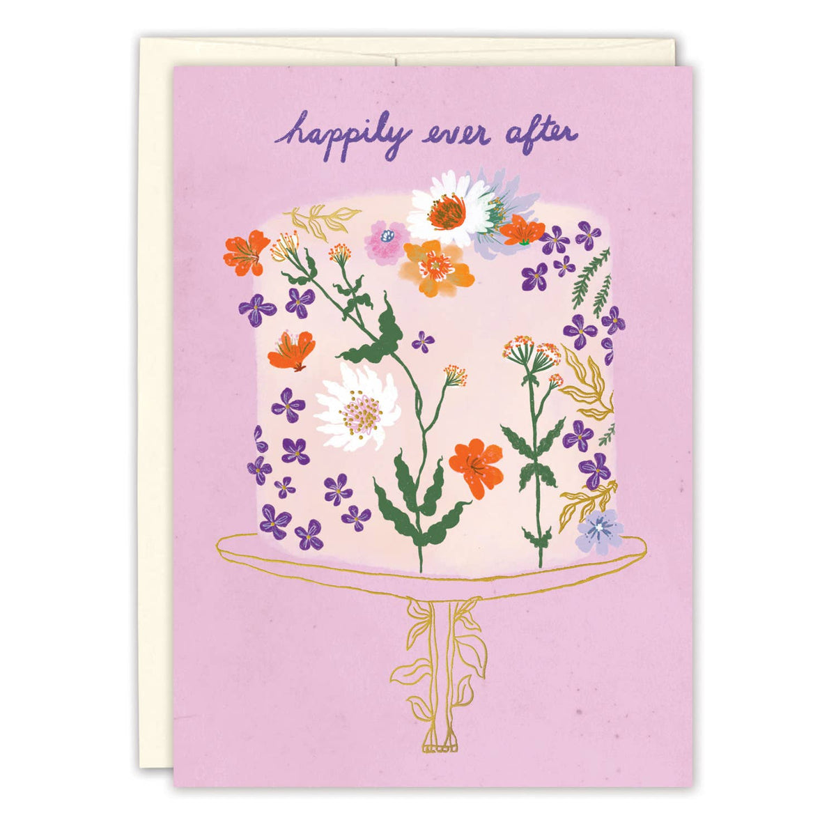 Greeting card with floral design and 'happily ever after' text on a pink background