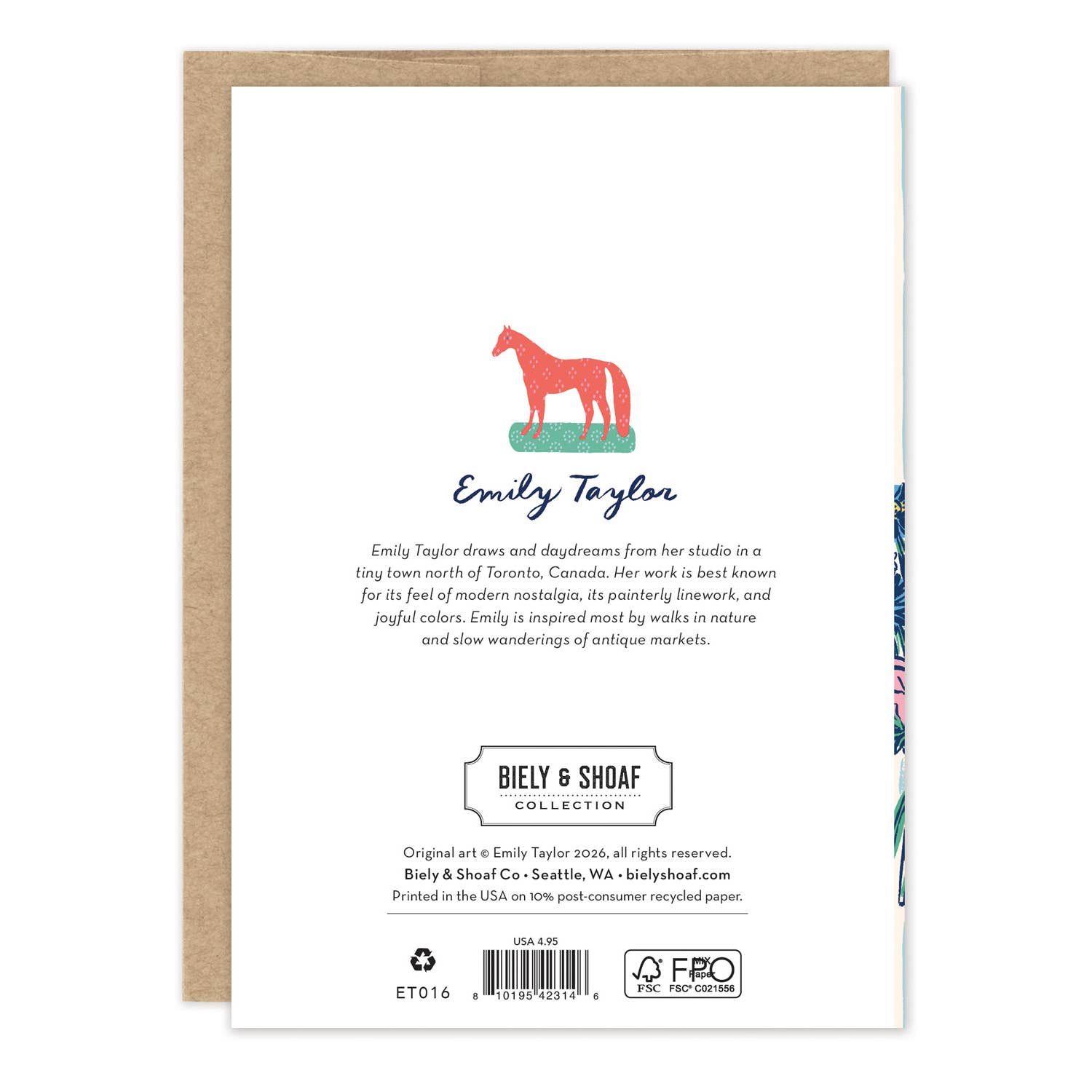 Back of a greeting card with horse illustration and text about Emily Taylor and Biely & Shoaf Co.