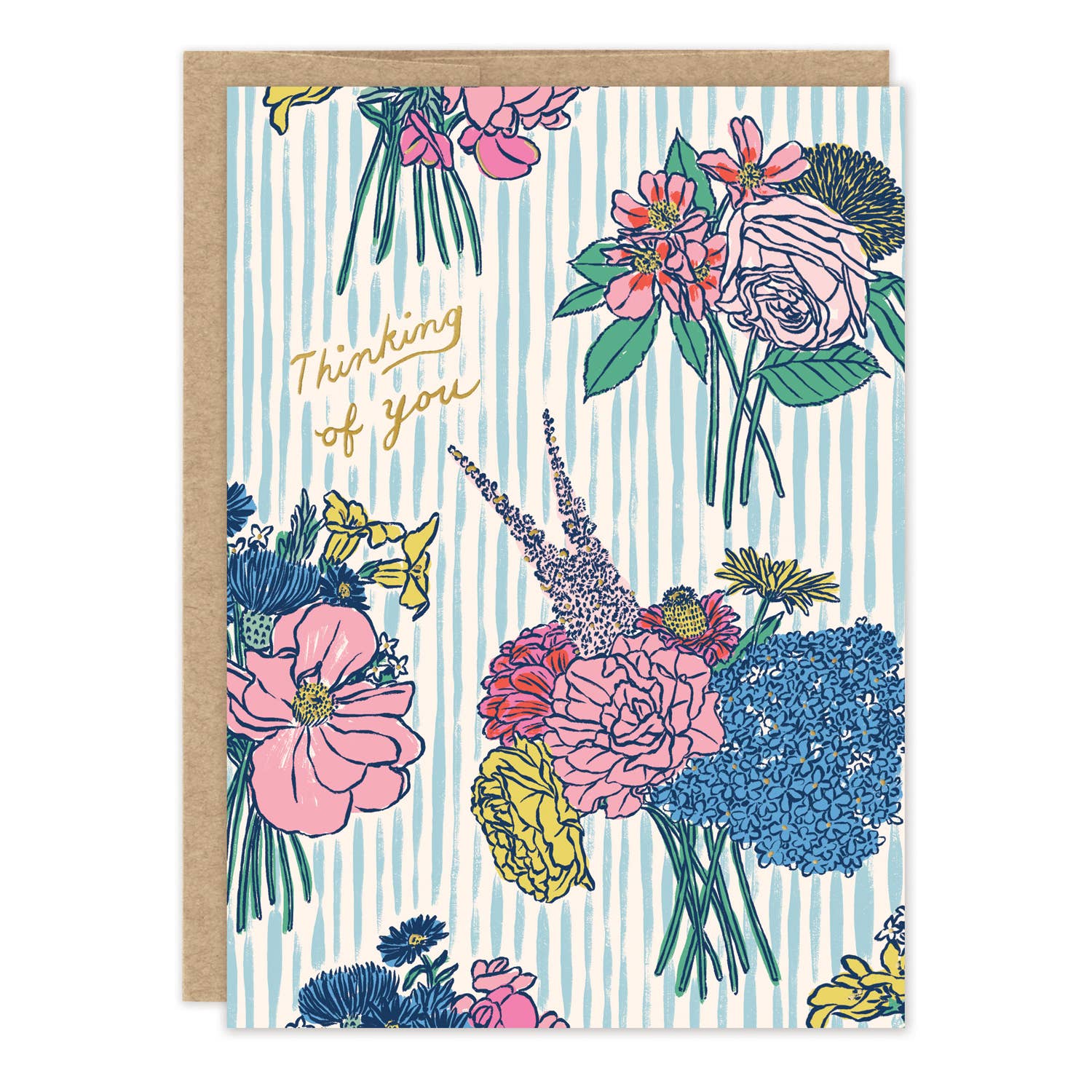 Greeting card with floral design and 'Thinking of you' text on a striped background