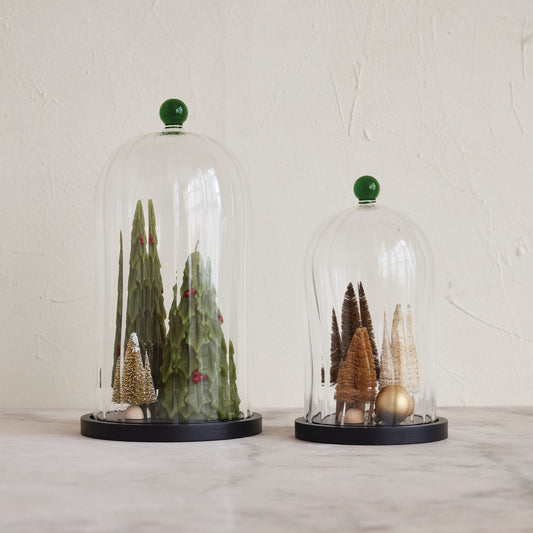 Fluted glass cloche with green knob handle and MDF base, shown in two sizes, ideal for plants, seasonal vignettes, or timeless home décor.