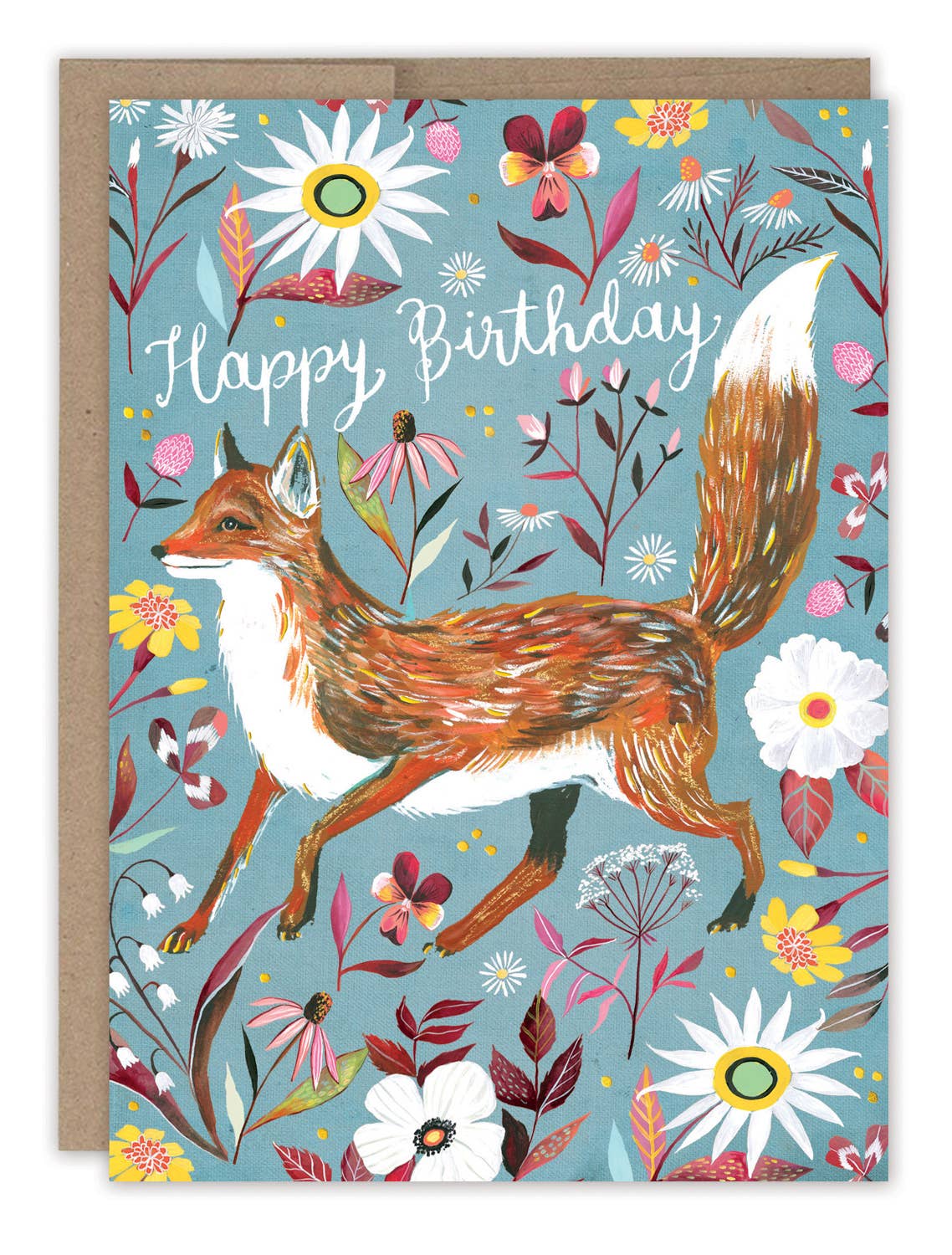Birthday card with a fox and floral design on a blue background