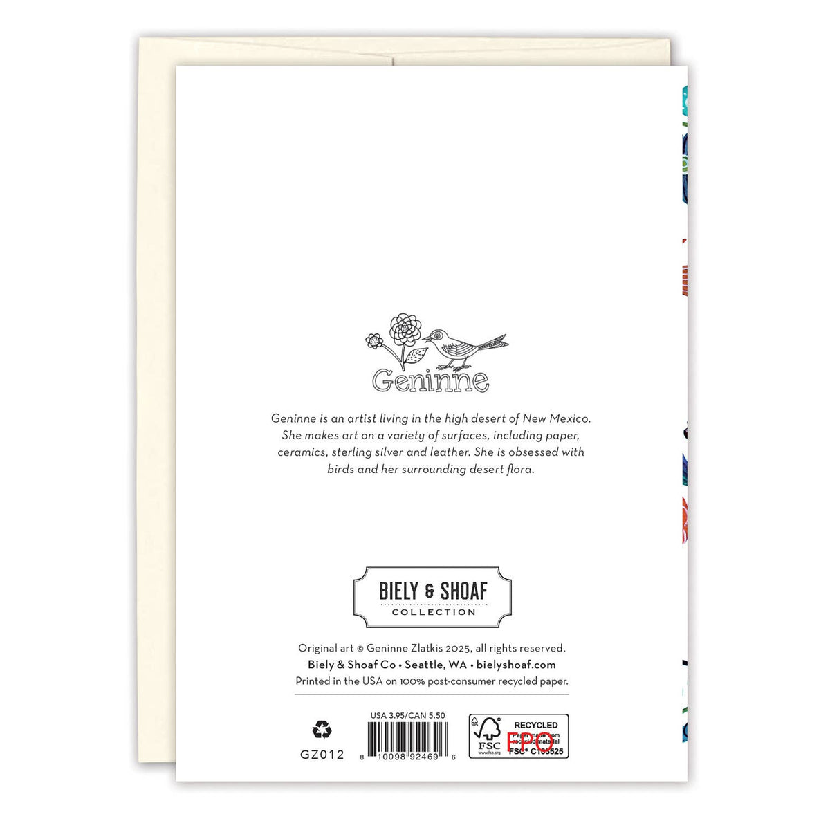 Back of a card with text and branding, featuring a bird and flower illustration.