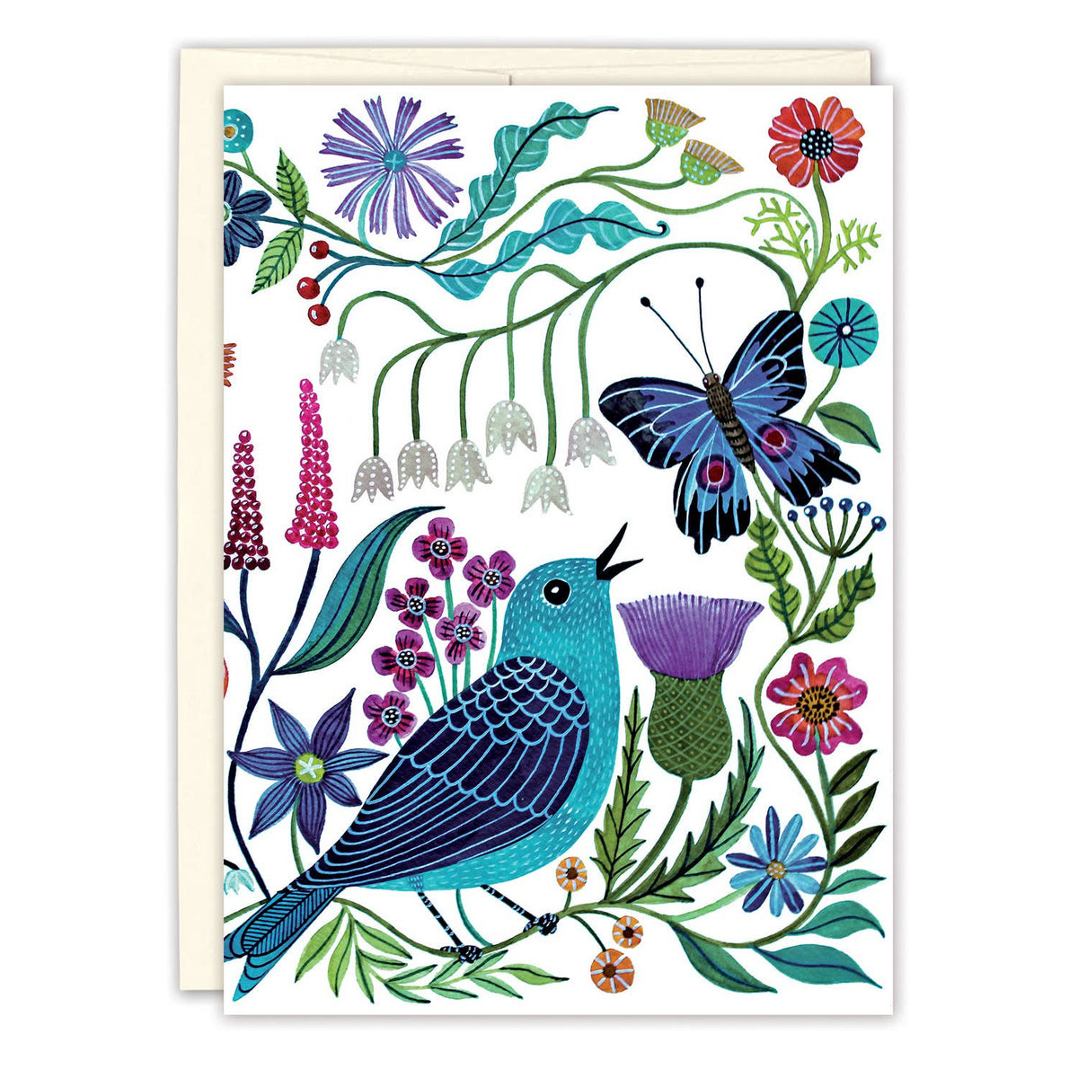 Greeting card with a colorful illustration of a blue bird, butterfly, and flowers on a white background.