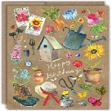 Decorative greeting card with gardening-themed illustrations on a textured background