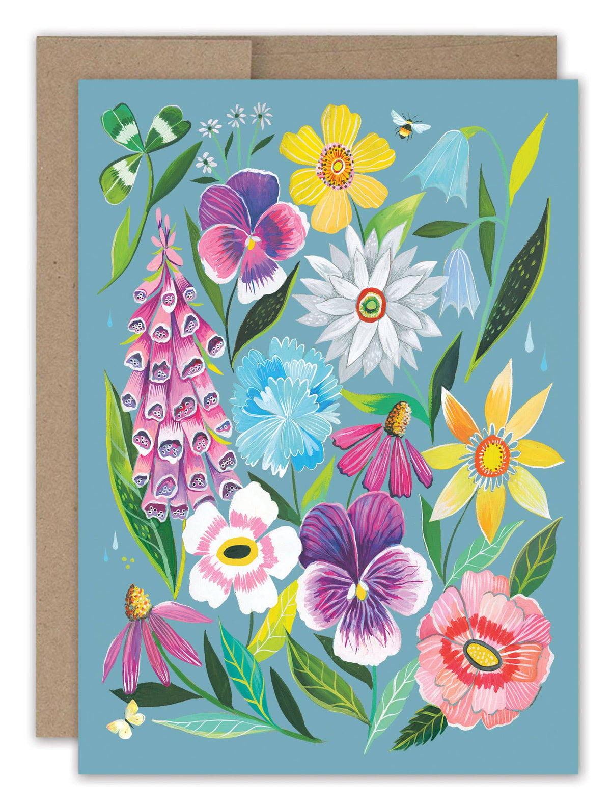 Greeting card with colorful floral design on a blue background