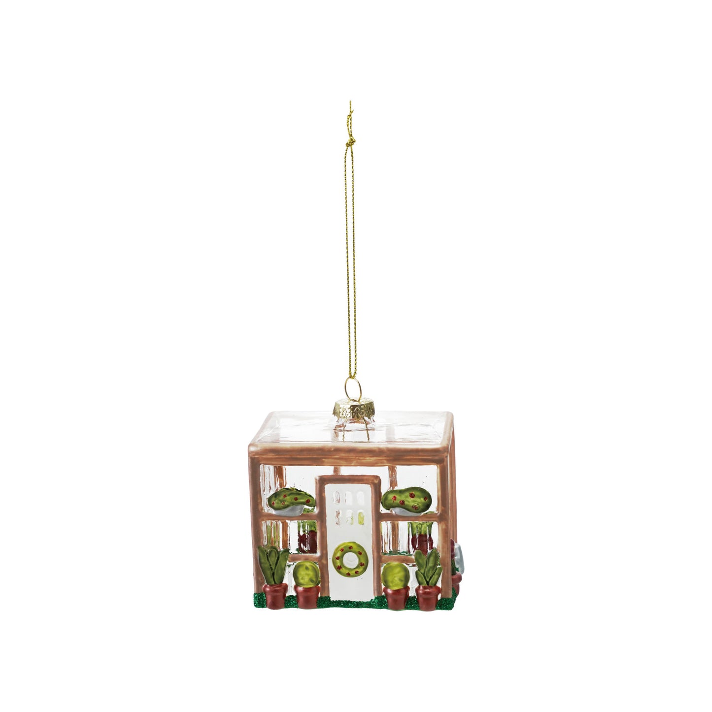 3-1/2-inch glass greenhouse ornament covered in vibrant multi-colored glitter, adding a whimsical and festive touch to a Christmas tree or holiday display.