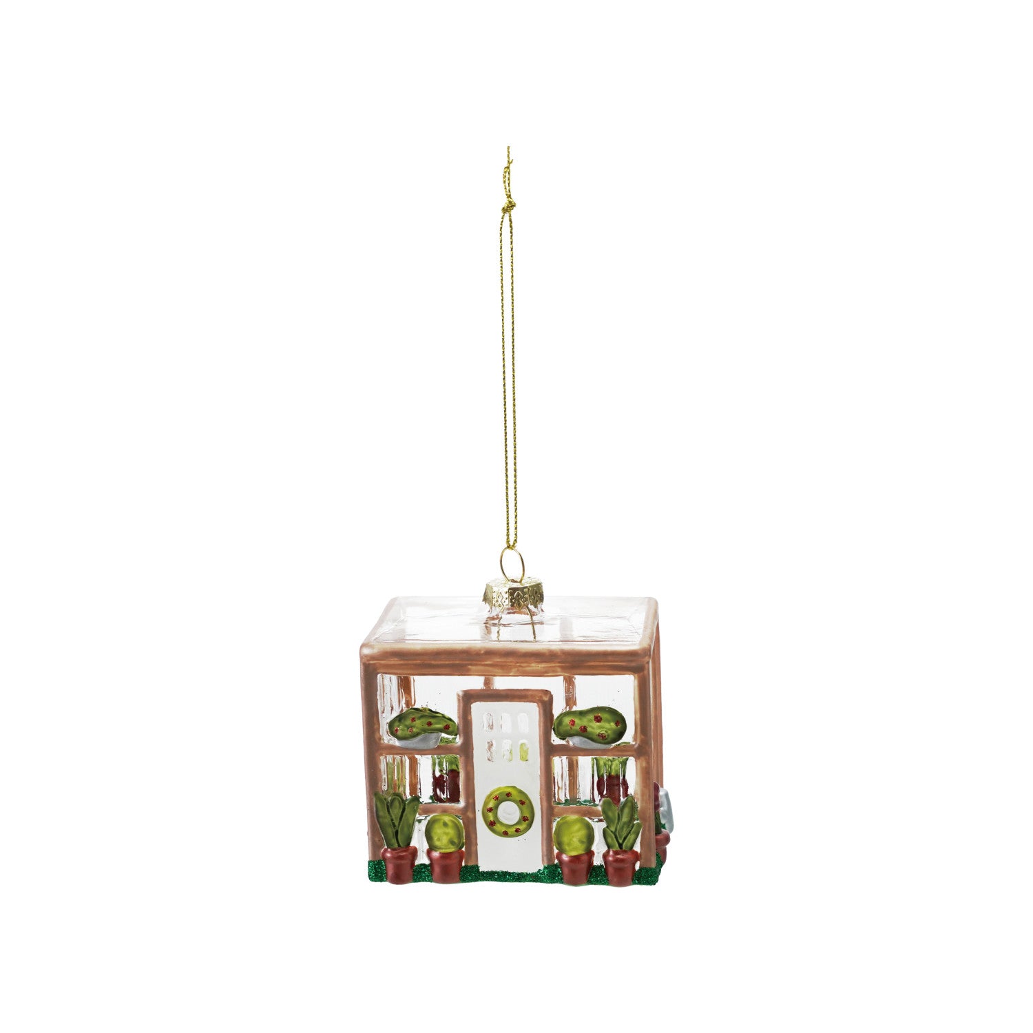 3-1/2-inch glass greenhouse ornament covered in vibrant multi-colored glitter, adding a whimsical and festive touch to a Christmas tree or holiday display.