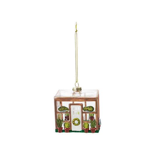 3-1/2-inch glass greenhouse ornament covered in vibrant multi-colored glitter, adding a whimsical and festive touch to a Christmas tree or holiday display.