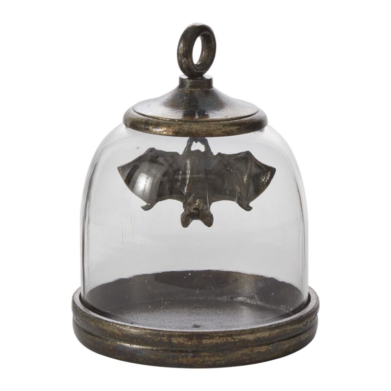 Bat Cave Cloche featuring a glass dome with a hanging black metal bat and antiqued black metal base, perfect for Halloween décor and small plants or florals.