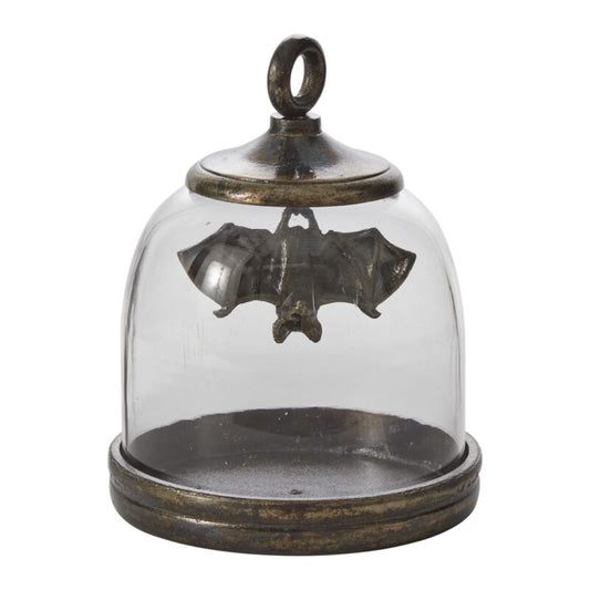 Bat Cave Cloche featuring a glass dome with a hanging black metal bat and antiqued black metal base, perfect for Halloween décor and small plants or florals.