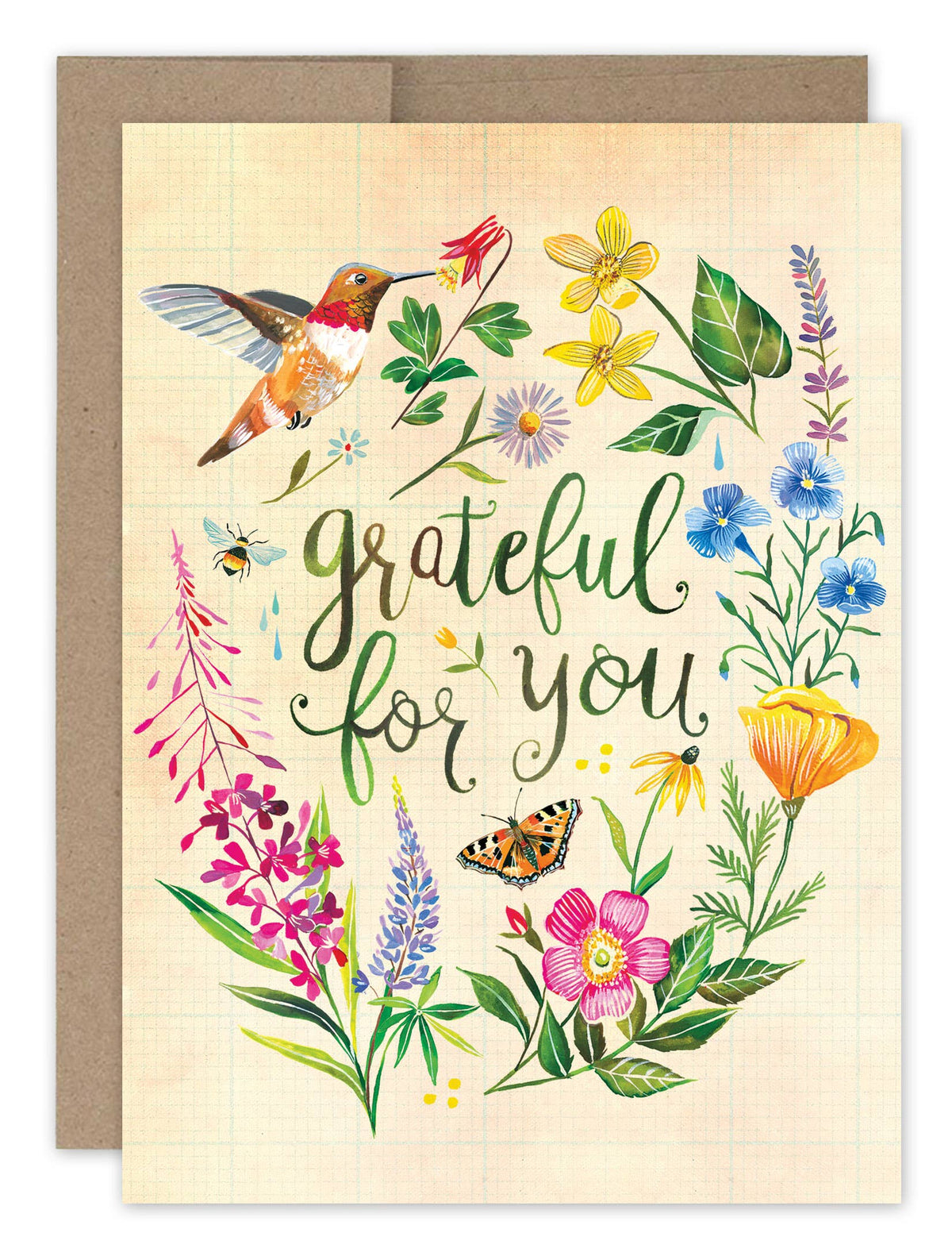 Greeting card with floral design and 'grateful for you' text, featuring a hummingbird and butterflies.